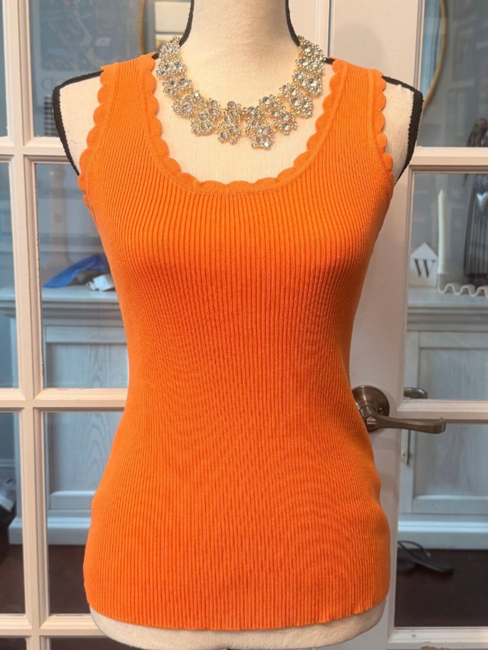 Capsule Orange Ribbed Scalloped Tank Top Scoop Neck S M Fitted Stretch